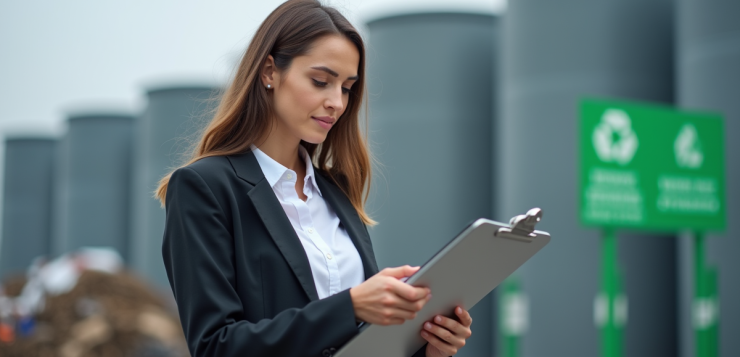 Normes environnementales : quels critères respecter pour l’éco-responsabilité ? Jeune femme professionnelle vérifiant une liste devant une usine de recyclage