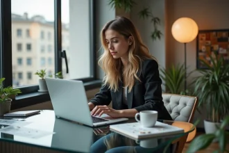 Jeune femme en blazer travaillant sur un laptop dans un bureau moderne