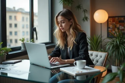 Jeune femme en blazer travaillant sur un laptop dans un bureau moderne