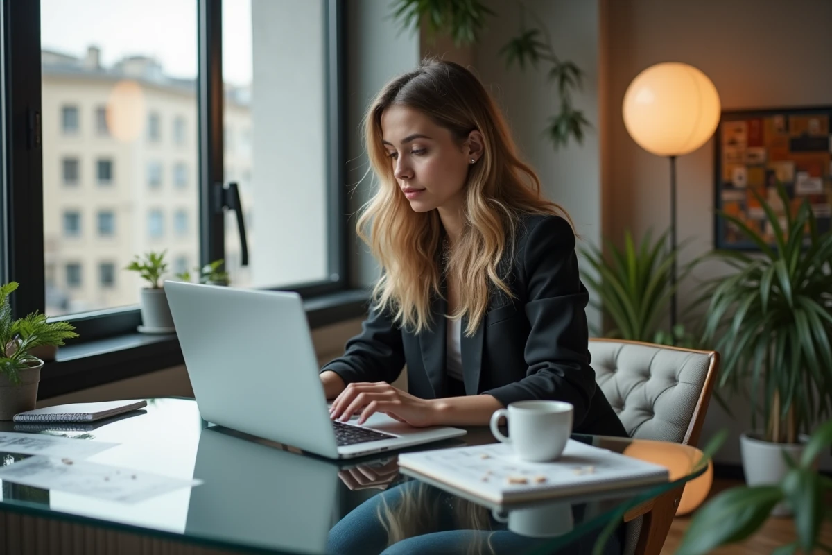 Jeune femme en blazer travaillant sur un laptop dans un bureau moderne