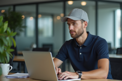 Jeune homme au bureau portant un polo navy et un chapeau gris