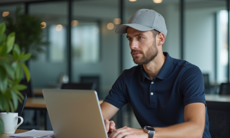 Jeune homme au bureau portant un polo navy et un chapeau gris