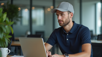 Jeune homme au bureau portant un polo navy et un chapeau gris