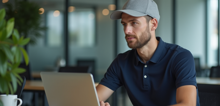Jeune homme au bureau portant un polo navy et un chapeau gris