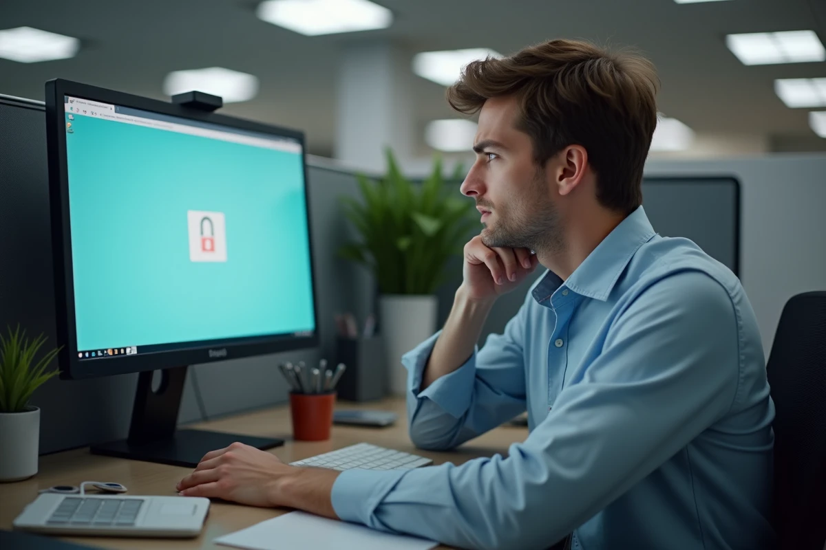 Jeune homme au bureau regardant un écran avec frustration