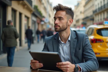 Jeune homme dans un café parisien avec dossier Taxi License