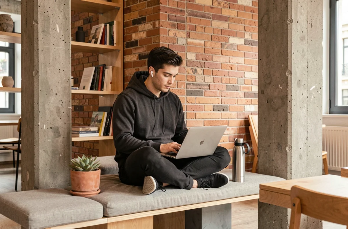 Jeune homme travaillant dans un espace détente cosy d'un coworking parisien du 17e arrondissement