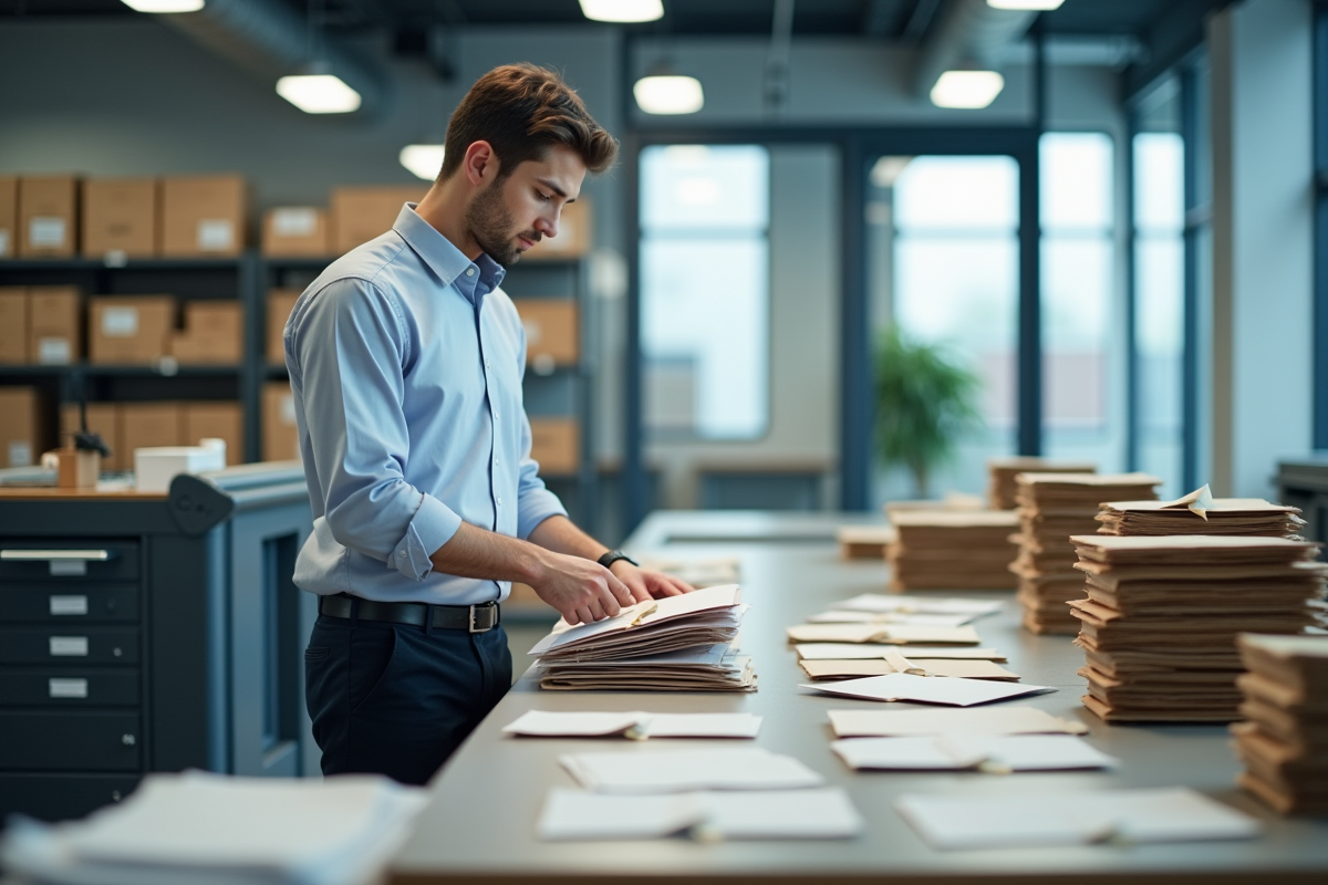 Jeune homme organisant du courrier dans une salle de courrier moderne