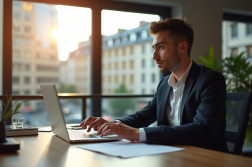 Jeune professionnel au bureau à Bordeaux avec documents et ordinateur