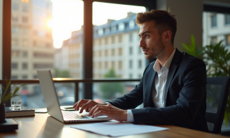 Jeune professionnel au bureau à Bordeaux avec documents et ordinateur