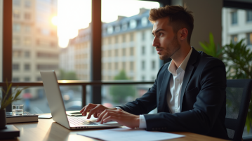 Jeune professionnel au bureau à Bordeaux avec documents et ordinateur