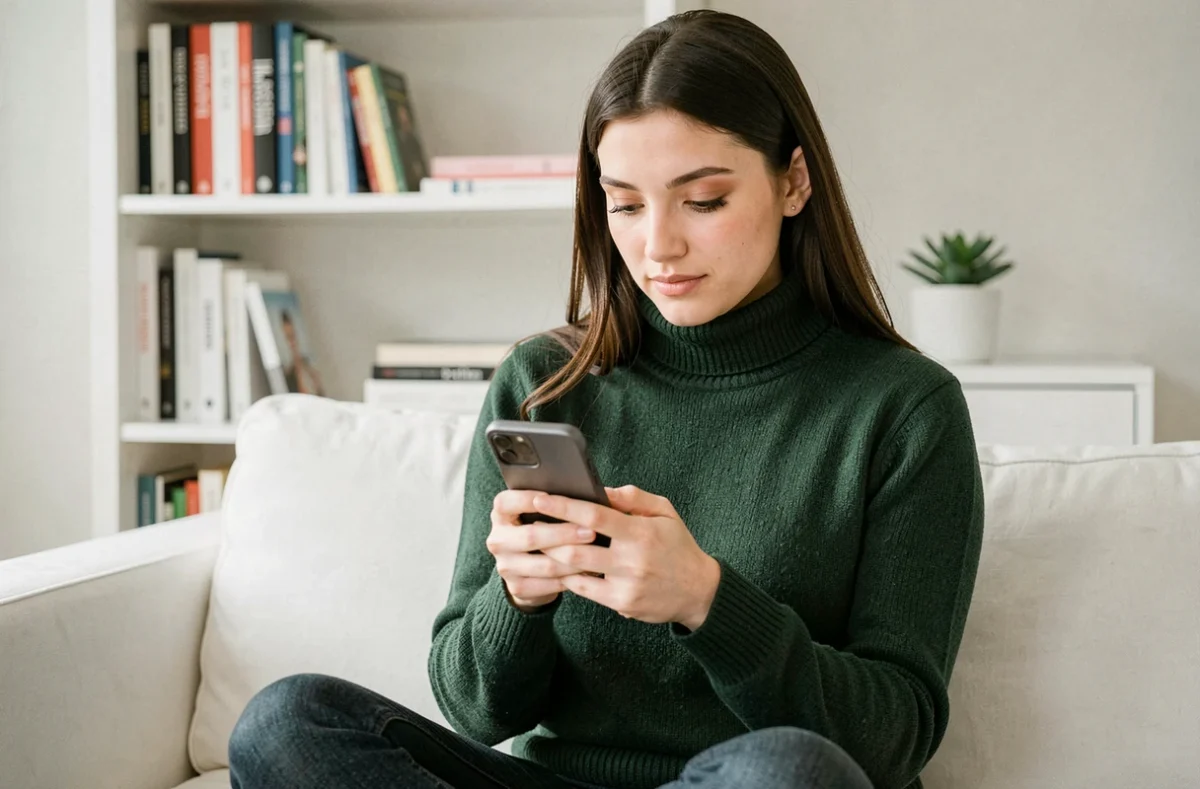 Jeune professionnelle modifiant les paramètres de confiance de son compte WhatsApp Business depuis chez elle