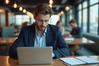 Jeune homme concentré au coworking avec ordinateur et notepad