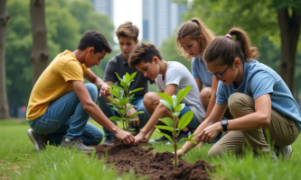 Groupe de jeunes plantant des arbres dans un parc urbain