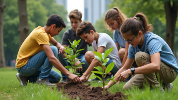 Groupe de jeunes plantant des arbres dans un parc urbain