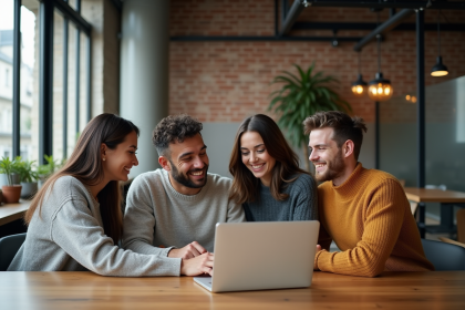 Groupe de jeunes entrepreneurs à Paris autour d'un ordinateur