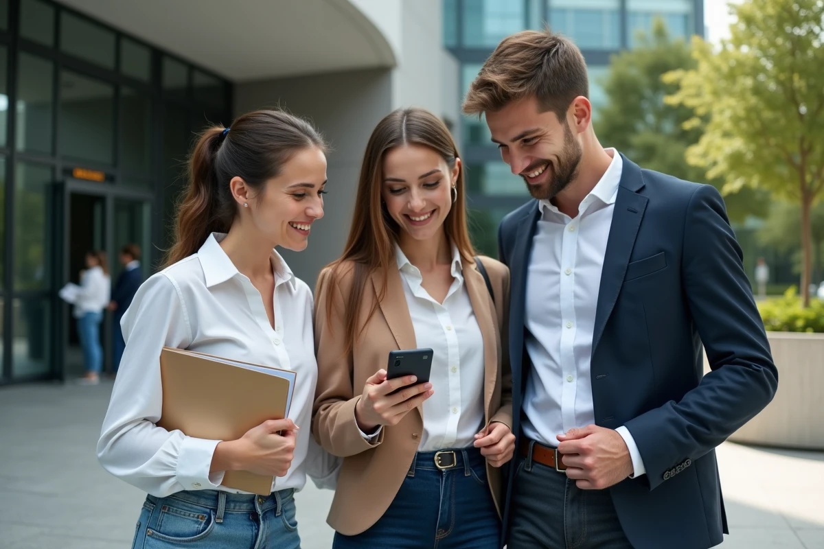 Groupe de jeunes diplômés souriants devant un bâtiment moderne
