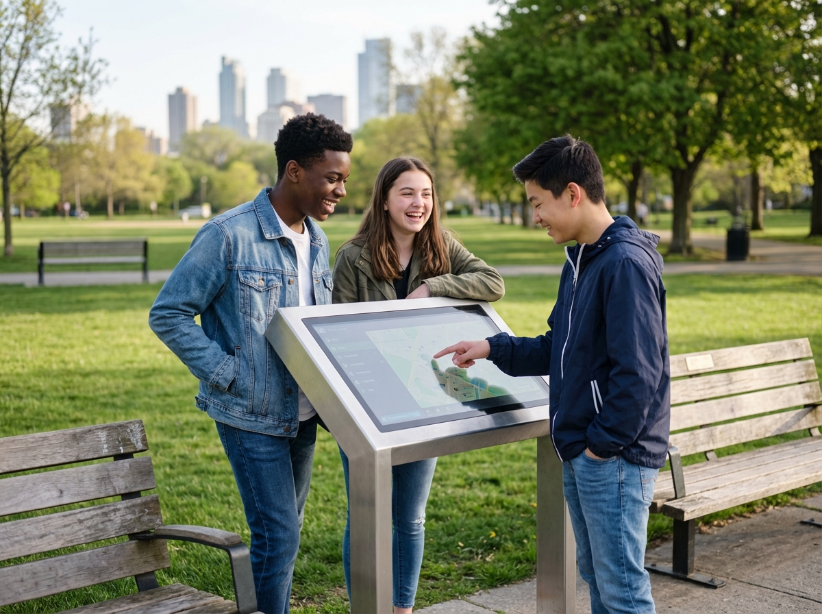 Groupe d adolescents autour d’un kiosque interactif dans un parc