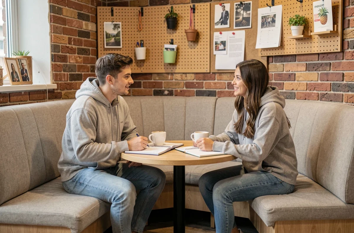 Deux jeunes professionnels en discussion dans le salon d'un coworking abordable à Lannion