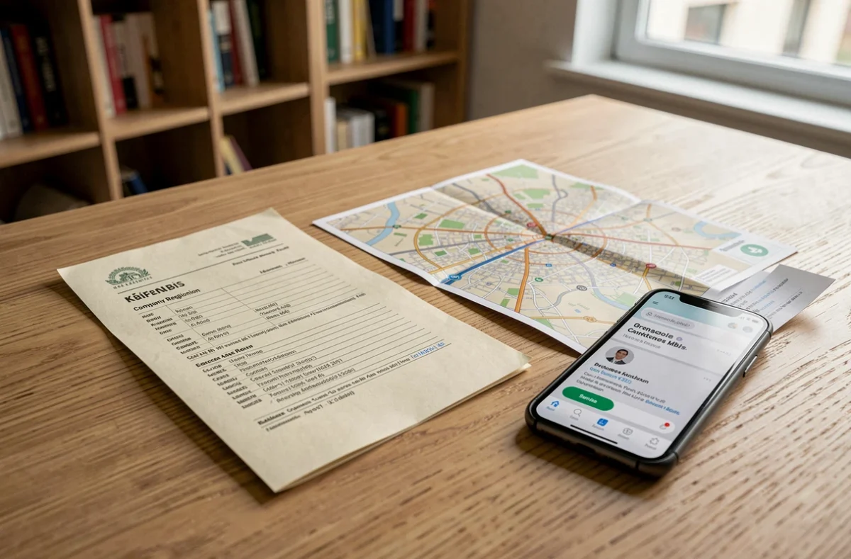 Extrait Kbis, carte de Grenoble et stylo sur un bureau pour illustrer la recherche d'adresse de domiciliation d'entreprise