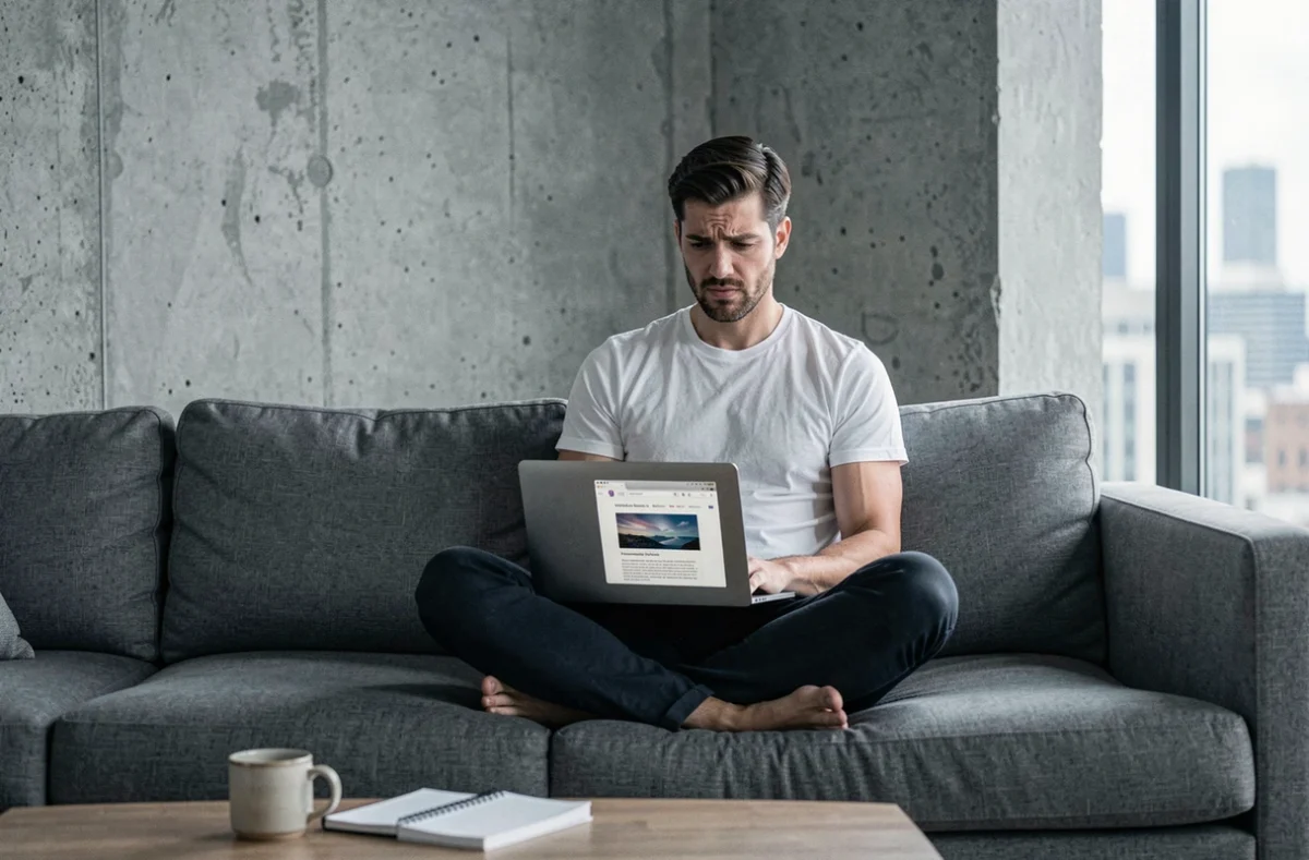 Homme lisant un article de blog sur la méthode Claude Lévêque sur son ordinateur portable dans un appartement moderne