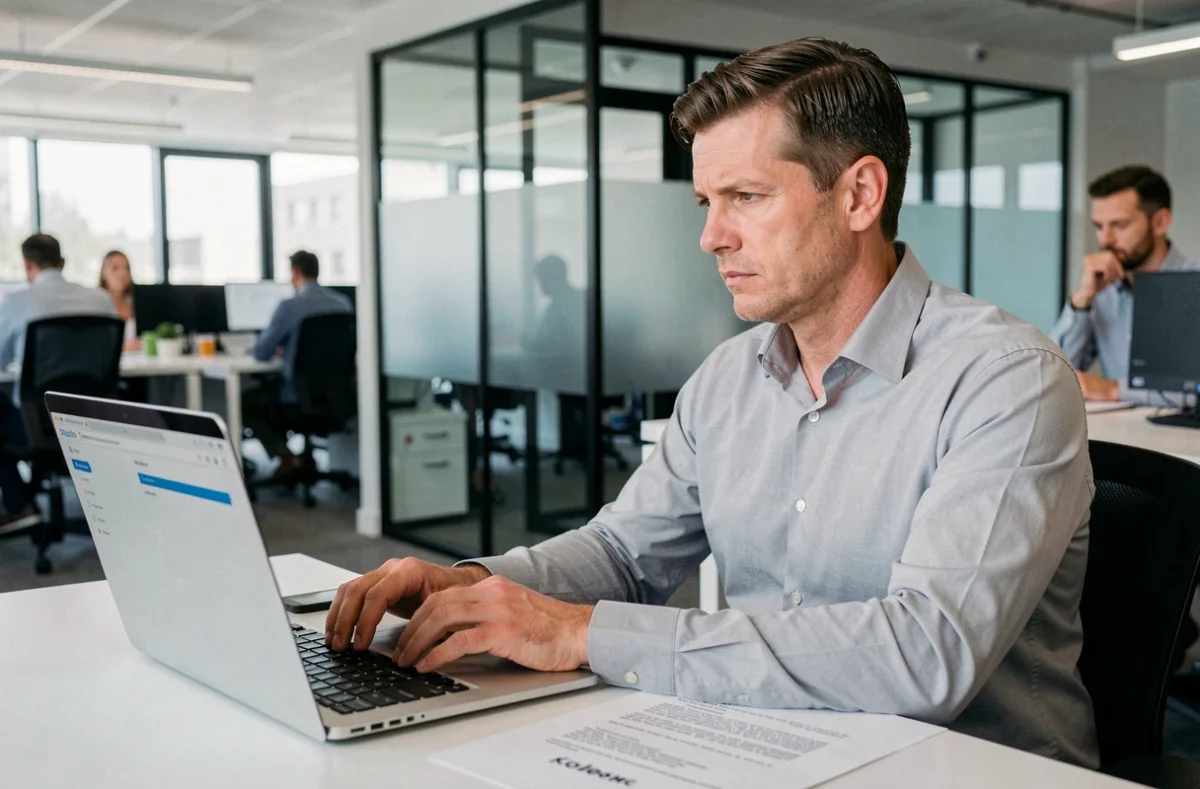 Homme en entreprise choisissant entre lettre de démission manuscrite et email professionnel
