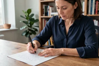 Femme rédigeant une lettre de démission manuscrite à son bureau à domicile