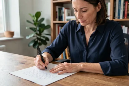 Femme rédigeant une lettre de démission manuscrite à son bureau à domicile