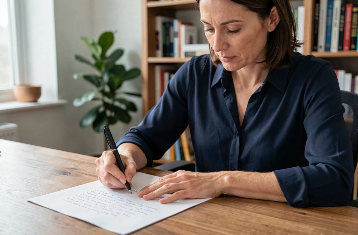 Femme rédigeant une lettre de démission manuscrite à son bureau à domicile