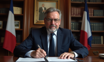 Maire en costume navy signant des documents officiels