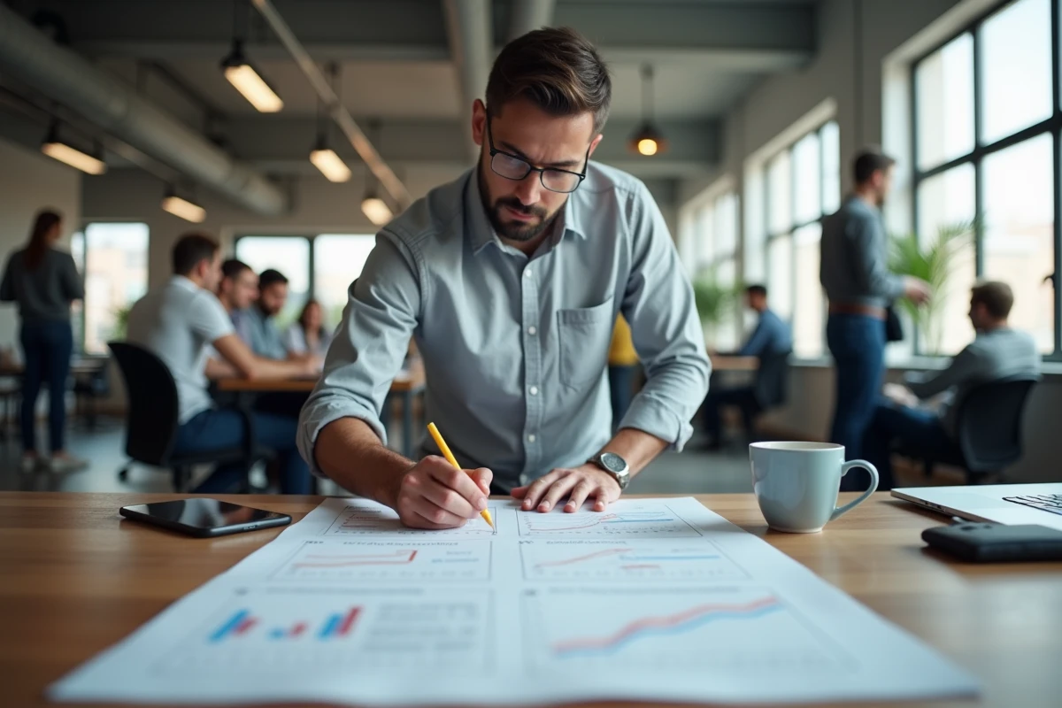 Manager debout annotant une grille d'évaluation commune dans un bureau open space moderne