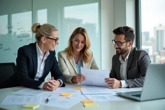Trois managers en réunion autour d'une grille d'évaluation commune pour le recrutement