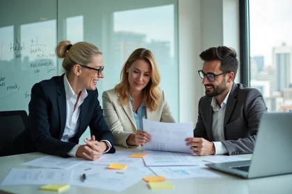 Trois managers en réunion autour d'une grille d'évaluation commune pour le recrutement
