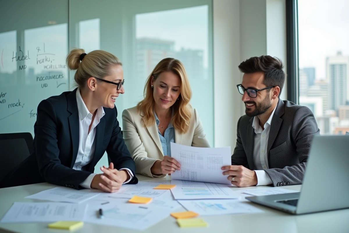 Trois managers en réunion autour d'une grille d'évaluation commune pour le recrutement