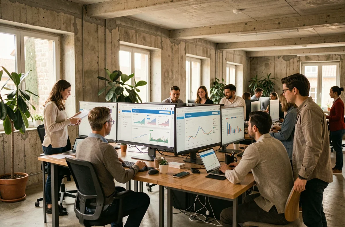 Équipe d'une agence Google Ads dans les Pays de la Loire travaillant sur des campagnes publicitaires numériques