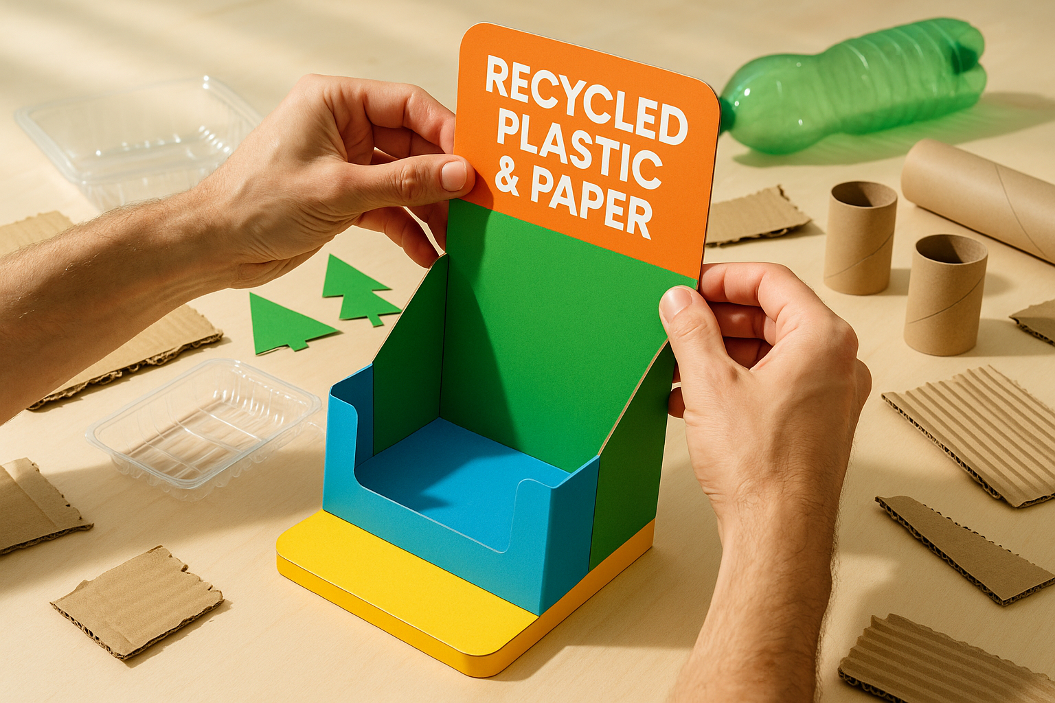 Main assemblant un affichage écologique en plastique recyclé