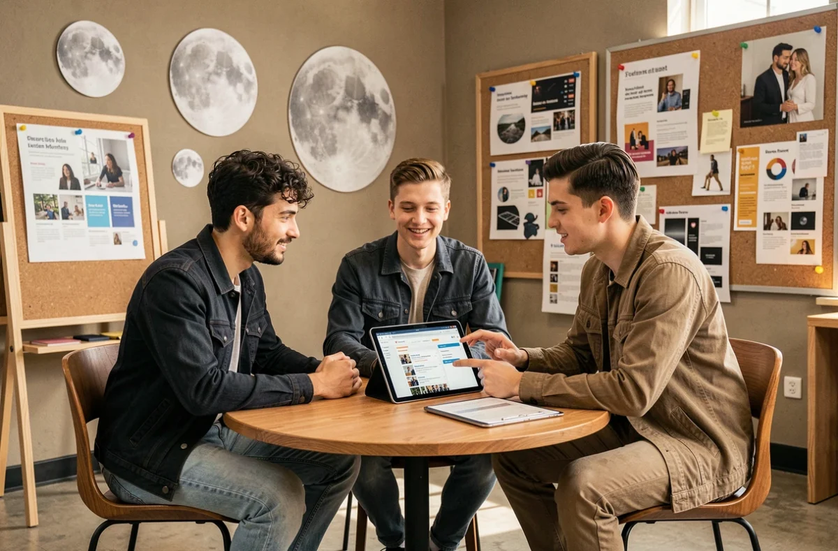 Équipe créative de Moon Digital collaborant sur une stratégie de campagne Google Ads