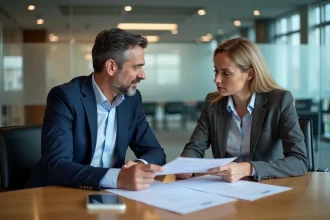 Deux professionnels négociant une rupture conventionnelle autour d'une table de conférence en entreprise
