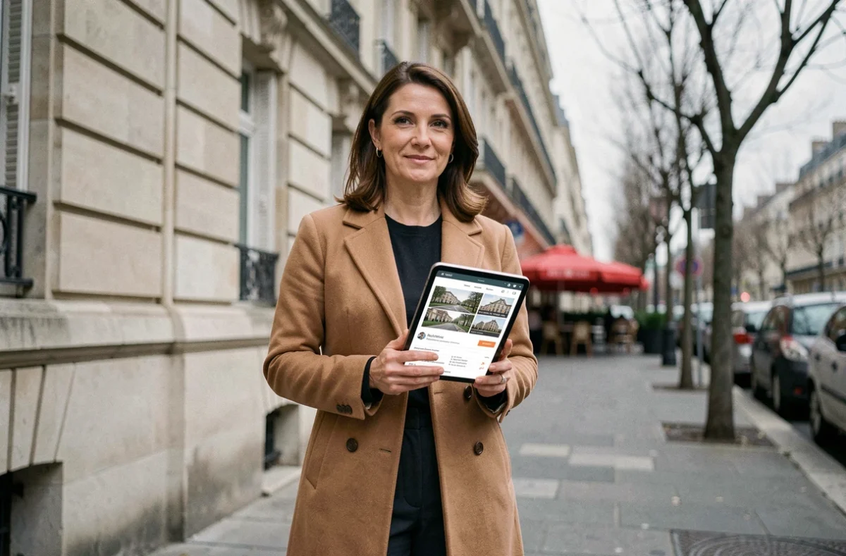 Négociatrice immobilière indépendante en statut portage salarial devant un immeuble haussmannien à Paris