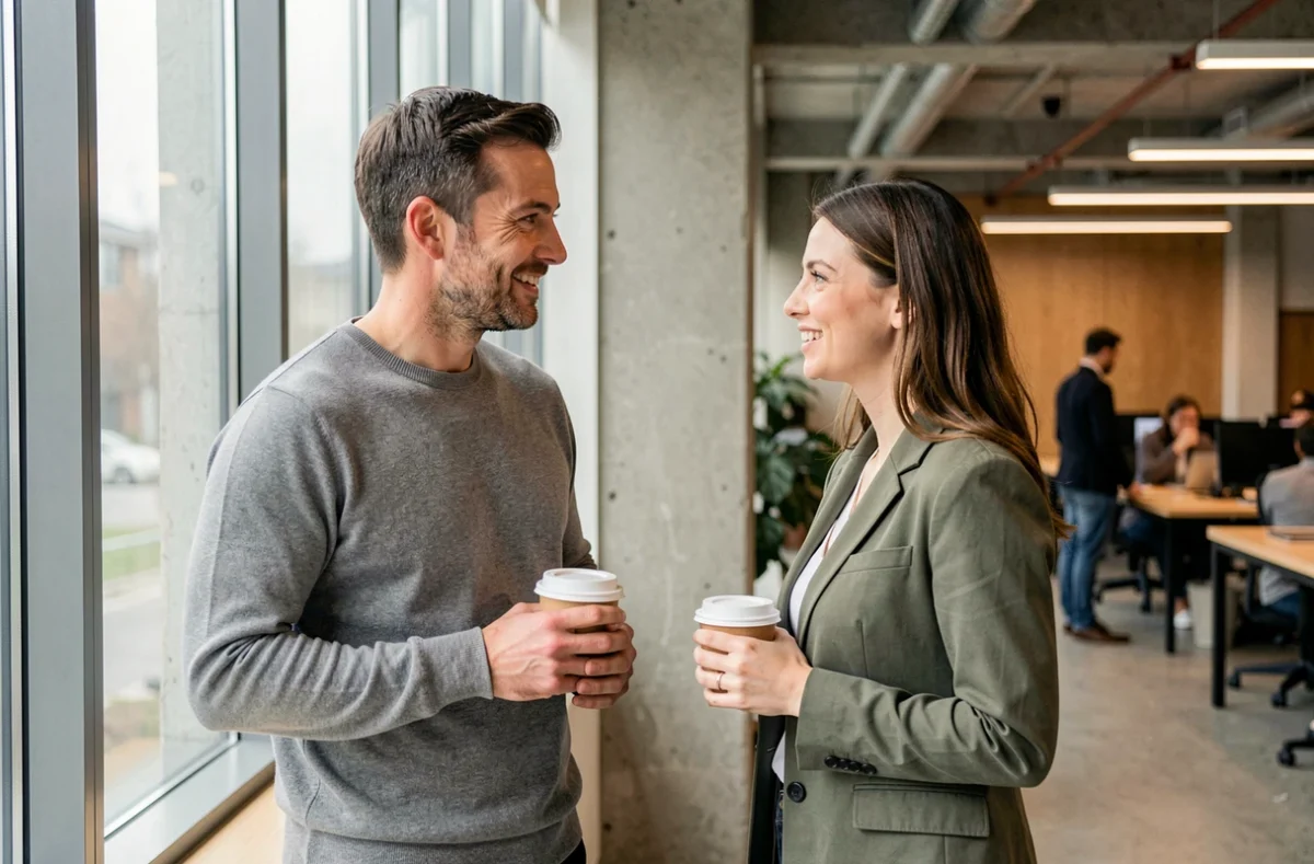 Deux professionnels en discussion dans un espace de coworking lors d'un événement de networking B2B entre petites structures