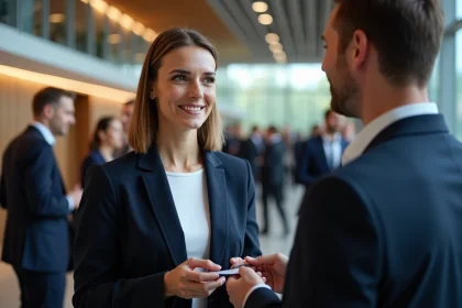 Femme cadre échangeant une carte de visite avec un décideur lors d'un événement de networking B2B professionnel en salle de conférence moderne