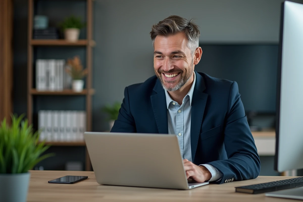 Entrepreneur en blazer marine utilisant une plateforme de networking B2B en ligne depuis son bureau à domicile