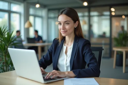 Nouvelle employée consultant son portail sécurité en ligne lors de sa première journée au bureau