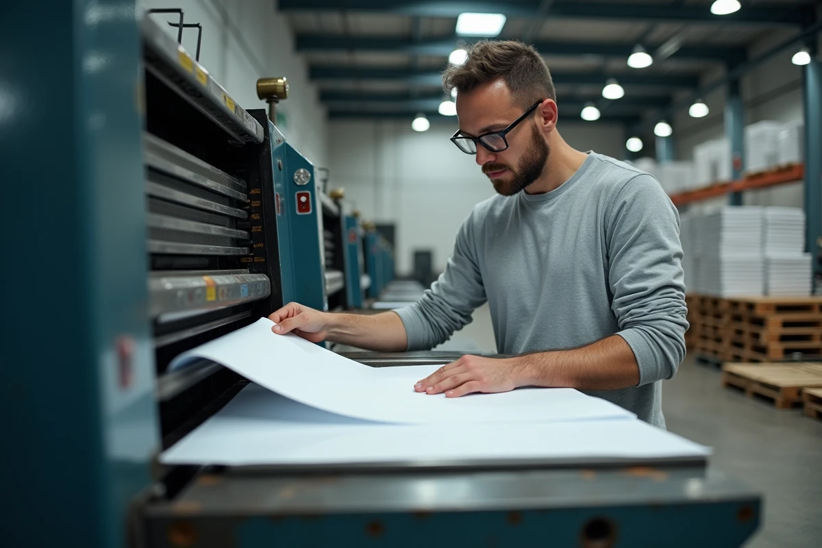 Opérateur de presse offset dans une imprimerie industrielle inspectant une feuille imprimée