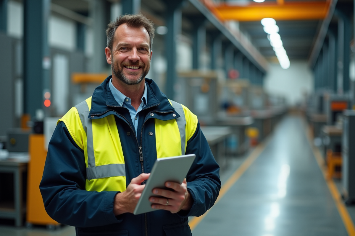 Ouvrier souriant avec tablette sur site industriel