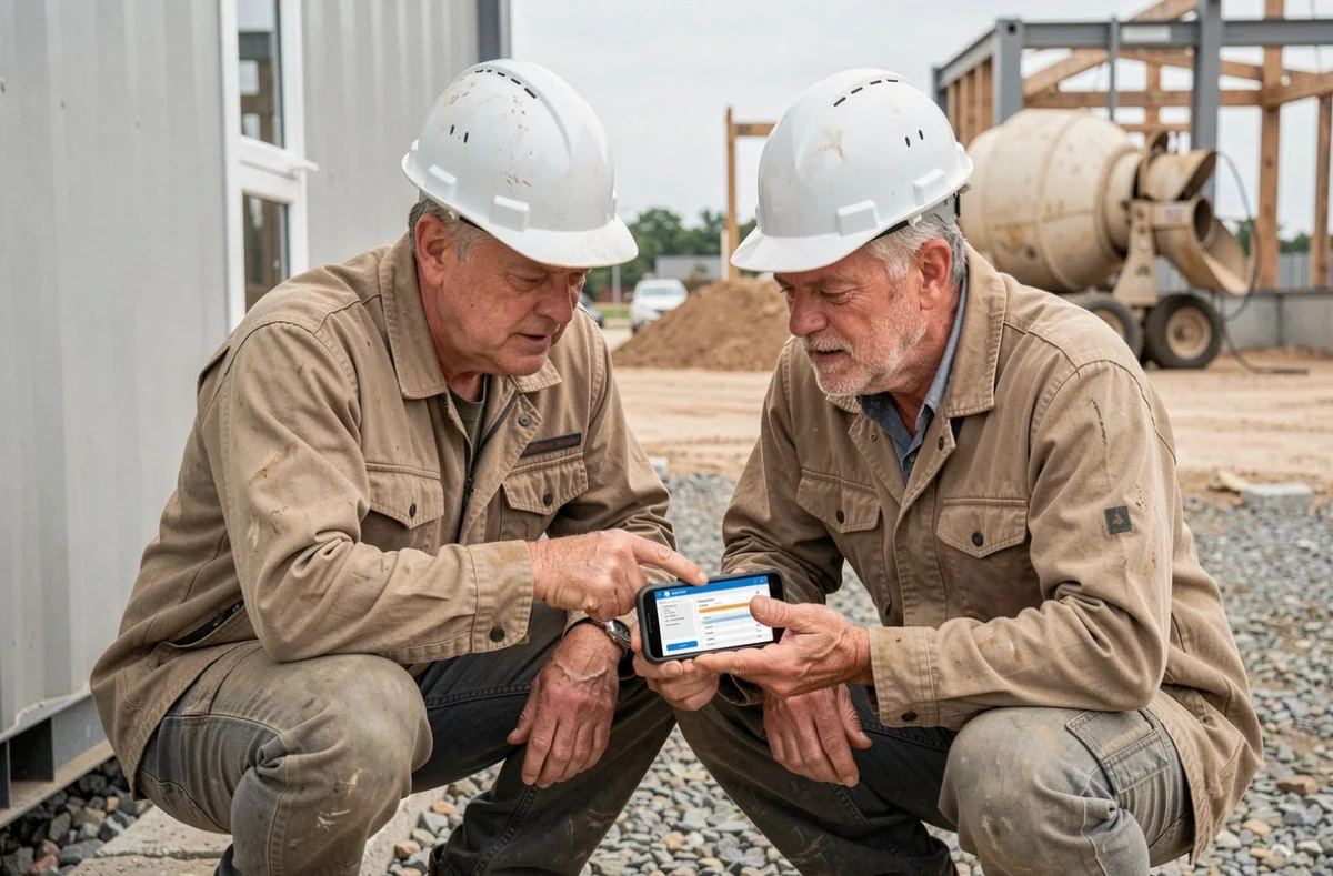 Deux ouvriers du bâtiment consultant ensemble une plateforme BTP en ligne sur smartphone sur un chantier extérieur