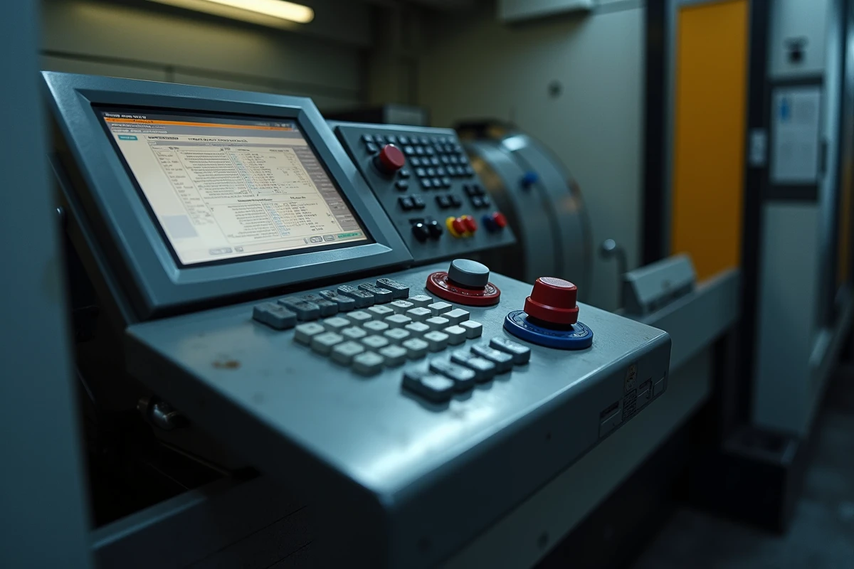 Gros plan sur un panneau de commande numérique CNC avec écran G-code et boutons de contrôle industriels