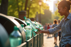 Personne déposant des bouteilles en verre dans une poubelle moderne en parc urbain ensoleille