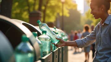 Personne déposant des bouteilles en verre dans une poubelle moderne en parc urbain ensoleille