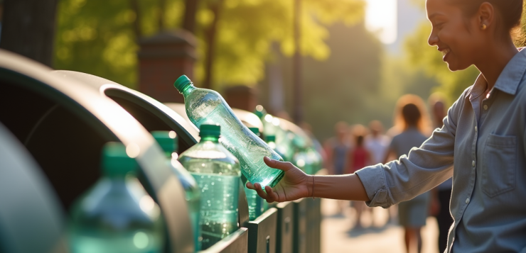 Personne déposant des bouteilles en verre dans une poubelle moderne en parc urbain ensoleille